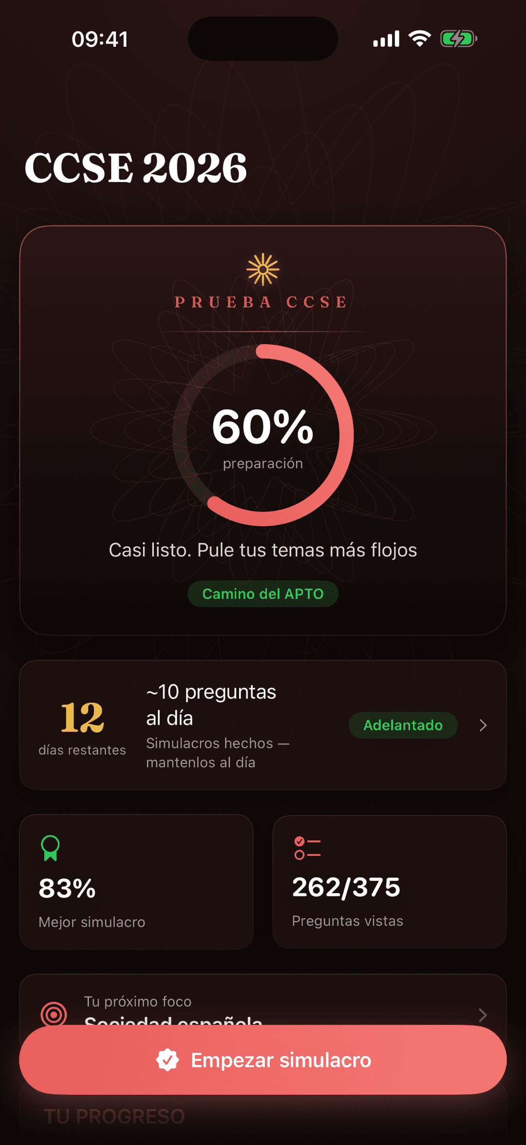 Pantalla de inicio de CCSE 2026: Nacionalidad España